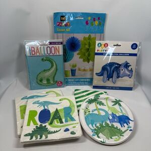 D26  Party Decorations- 7 piece ROAR dinosaur party decor, plates, napkins and D
